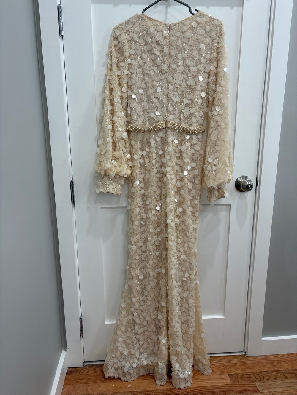 Sequin Champagne Long Sleeve Evening Gown - Picture 2 of 3